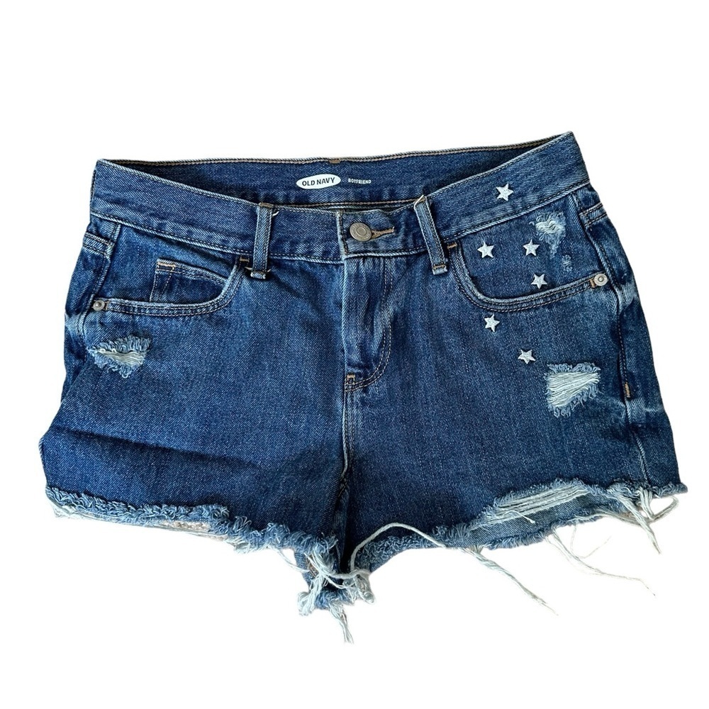 Old Navy Denim Jean Distressed Boyfriend Shorts Cutoff Raw Hem Stars Size 0